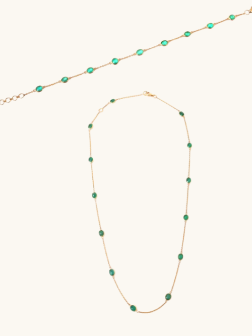 18kt BIS hallmarked gold bracelet & necklace with natural emeralds – minimal jewellery set for women under Rs. 75,000