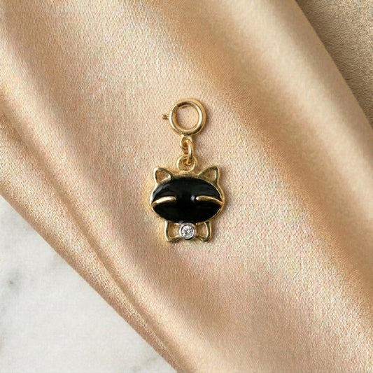 18kt gold Cat Diamond Charm with black enamel face and 0.02ct diamond accent, Minimal everyday wear gift for her under Rs. 15,000