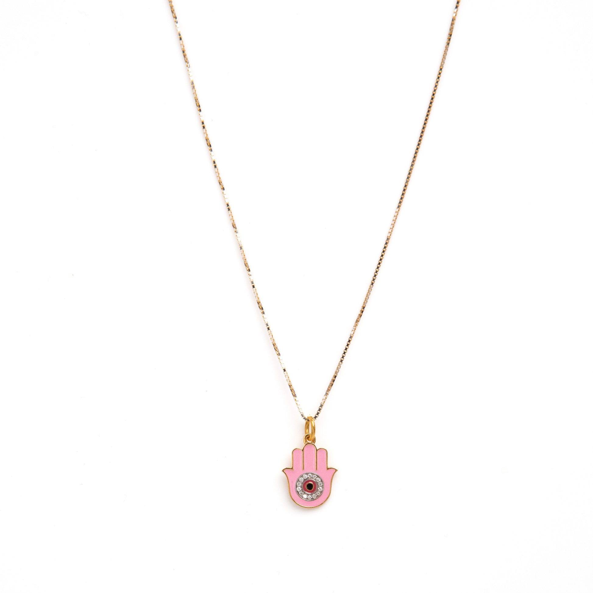  Pink Hamsa Charm crafted with 18kt gold. It's perfect for daily wear, symbolizing protection and good fortune. Explore our affordable collection for gifting ideas under 30,000, and discover the perfect addition to your 9 to 5 workwear edit.