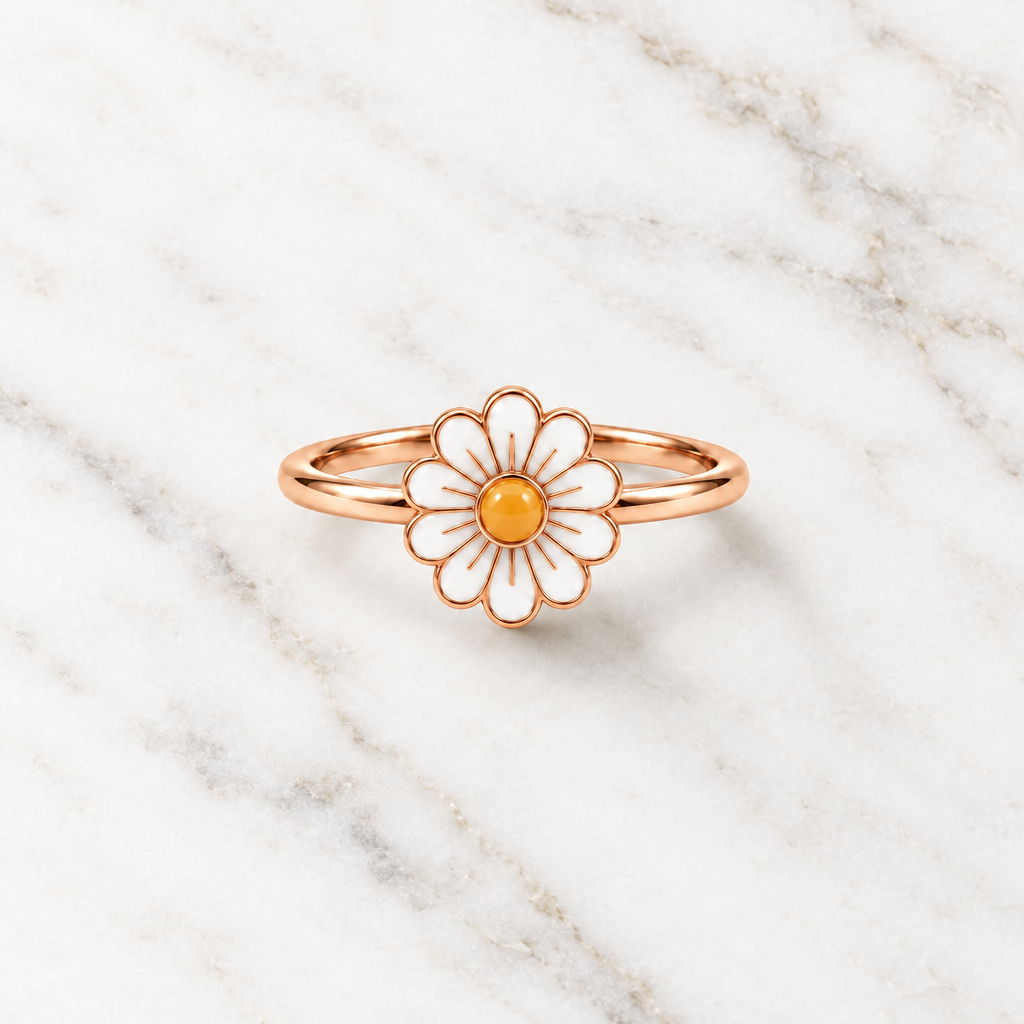 Rose gold ring with a white enamel daisy flower and a yellow center. Cute gifts for kids under Rs. 20,000
