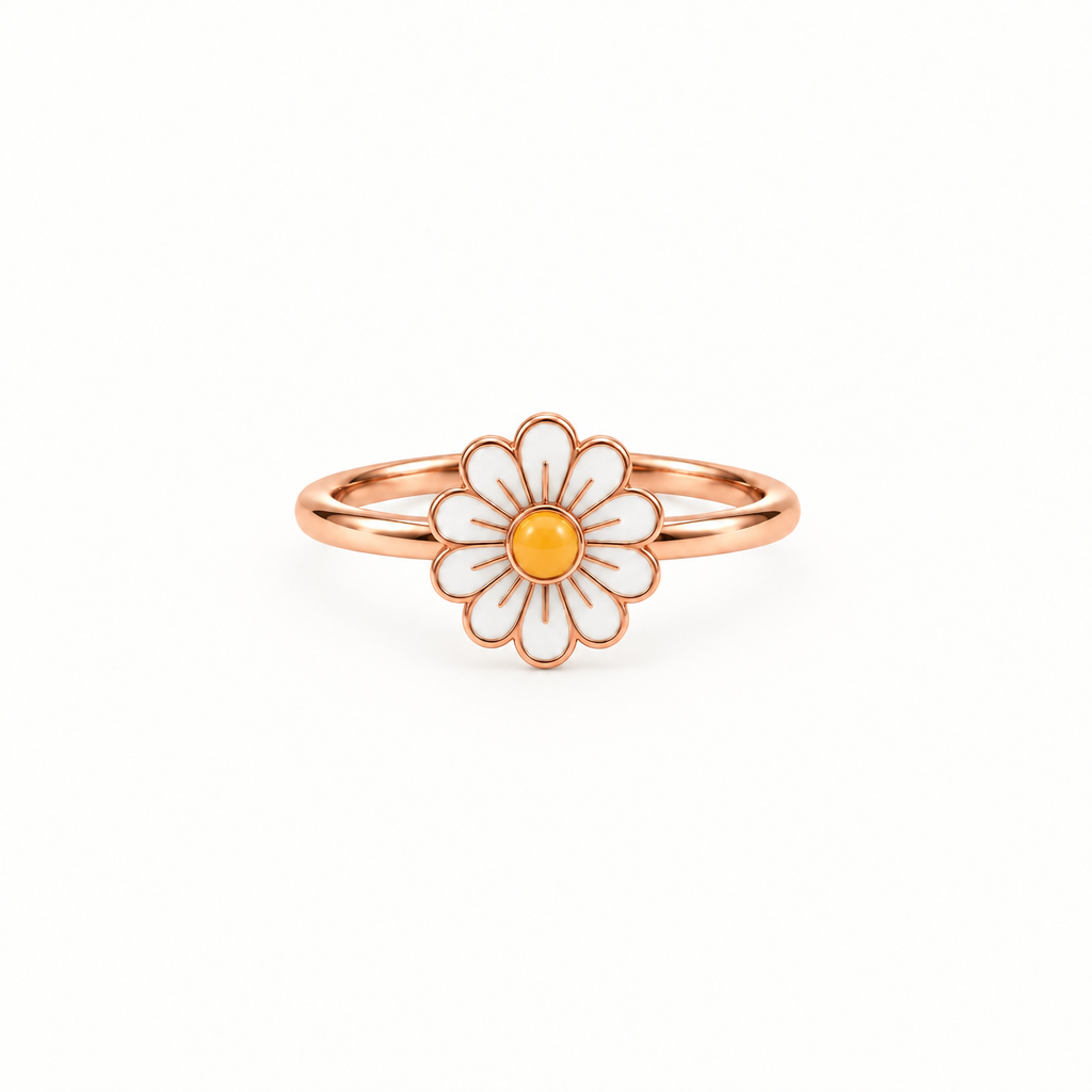 Rose gold ring with a white enamel daisy flower and a yellow center. Cute gifts for kids under Rs. 20,000