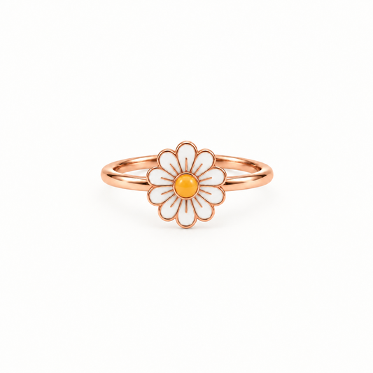 Rose gold ring with a white enamel daisy flower and a yellow center. Cute gifts for kids under Rs. 20,000