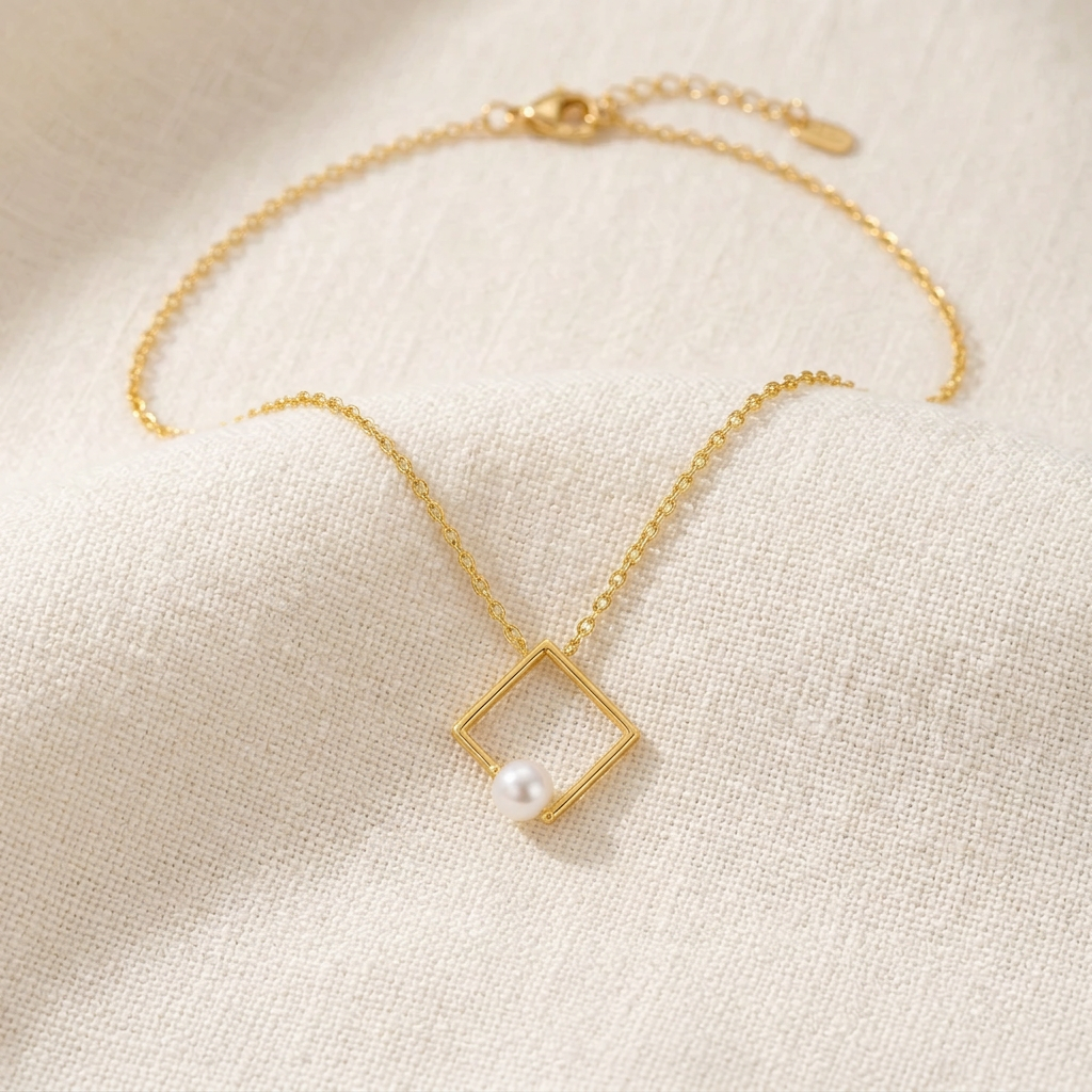 Gold Square Pearl Necklace