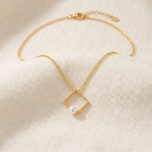 Gold Square Pearl Necklace