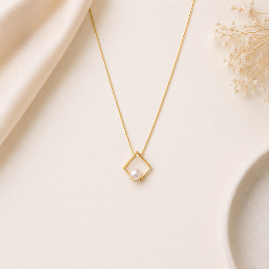Gold Square Pearl Necklace