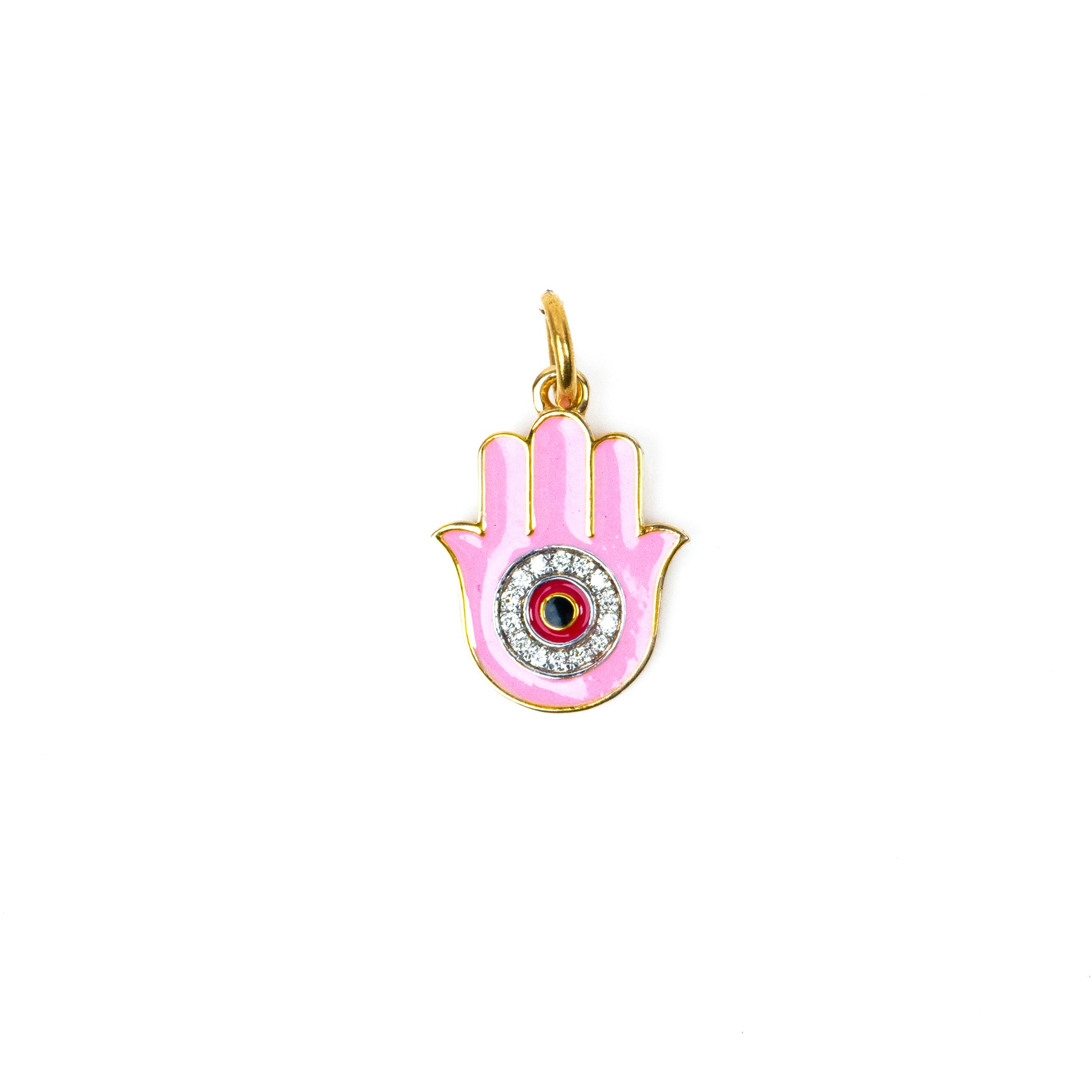  Pink Hamsa Charm crafted with 18kt gold. It's perfect for daily wear, symbolizing protection and good fortune. Explore our affordable collection for gifting ideas under 30,000, and discover the perfect addition to your 9 to 5 workwear edit.