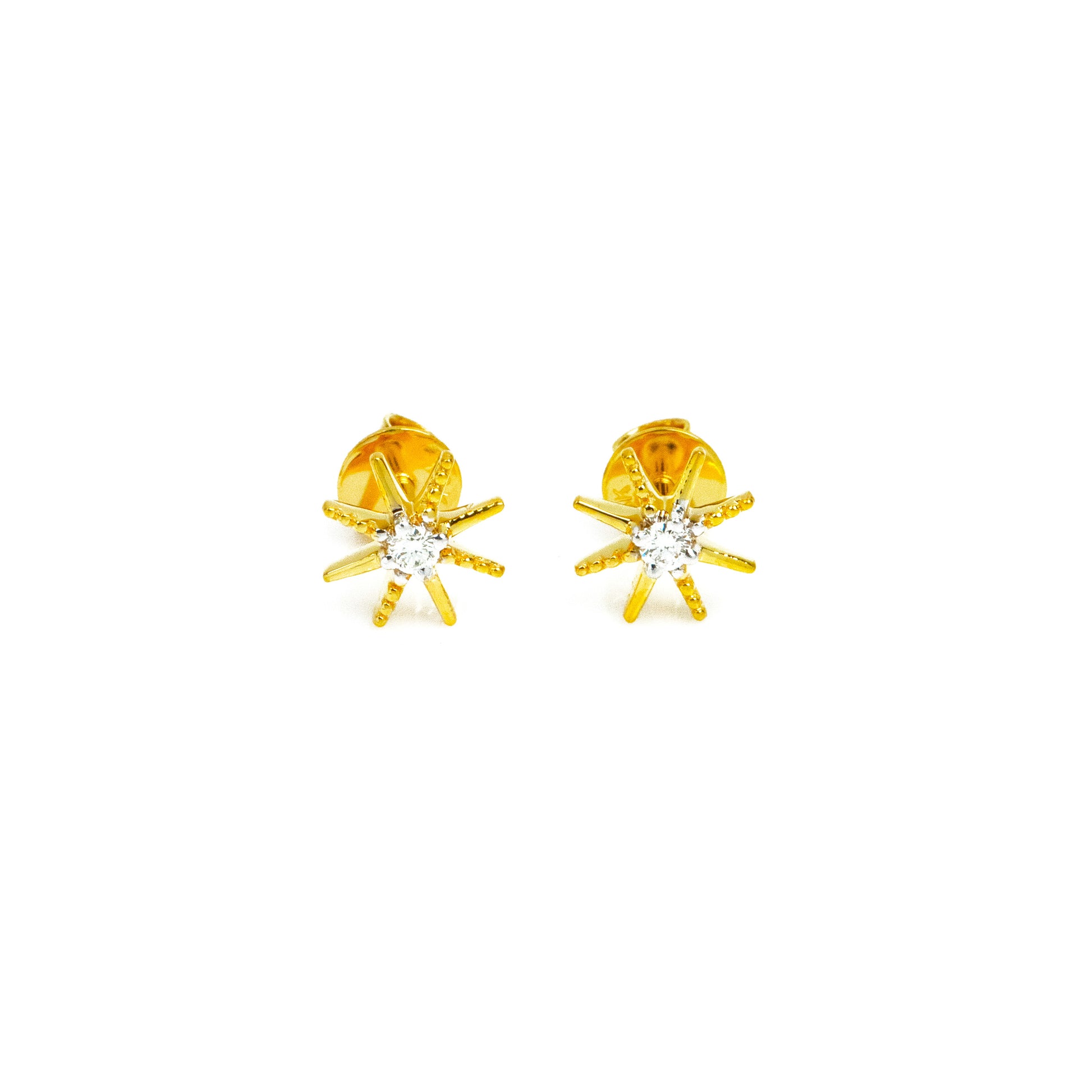 Radiant 18kt Gold Sun Diamond Earrings. Minimal everyday luxury jewellery for women. Delightfully dainty diamond studs to brighten her day. A thoughtful gift of timeless beauty from our collection under 30,000.