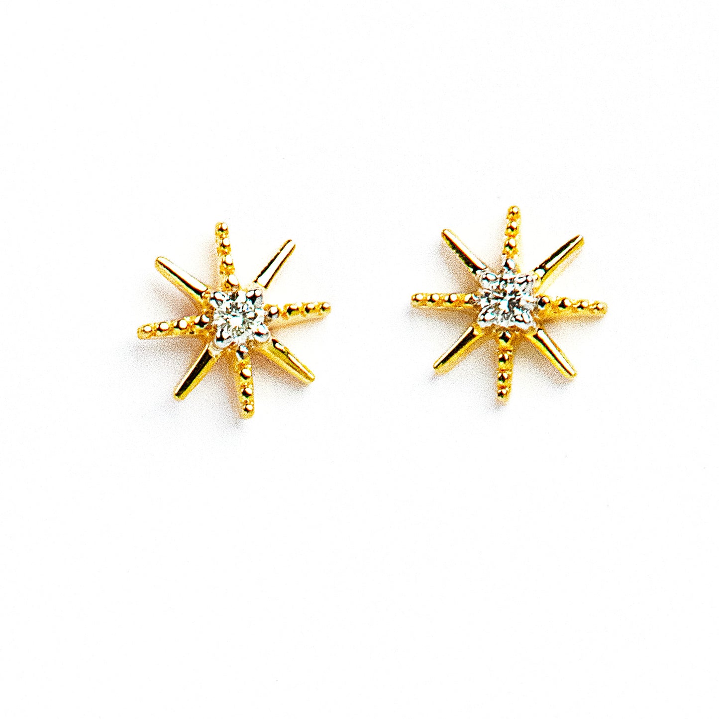 Radiant 18kt Gold Sun Diamond Earrings. Minimal everyday luxury jewellery for women. Delightfully dainty diamond studs to brighten her day. A thoughtful gift of timeless beauty from our collection under 30,000.