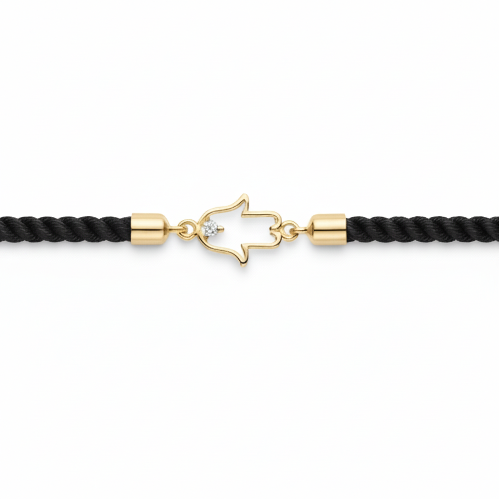 Black rope men's diamond bracelet with an 18kt gold hand amulet charm and diamond accent. A perfect gold gift for him under Rs. 15,000