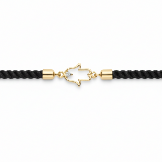 Black rope men's diamond bracelet with an 18kt gold hand amulet charm and diamond accent. A perfect gold gift for him under Rs. 15,000