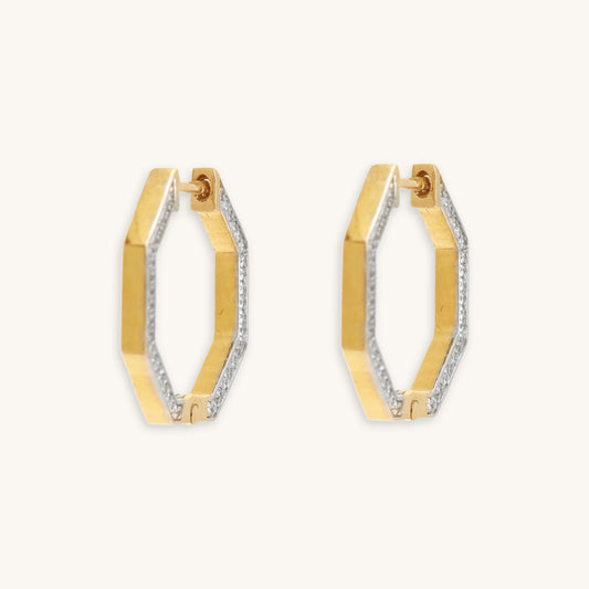 Caratly 18kt gold Hexagon Diamond Earring featuring an angular hexagonal hoop shape with diamonds set along the front-facing edge, under Rs. 80,000