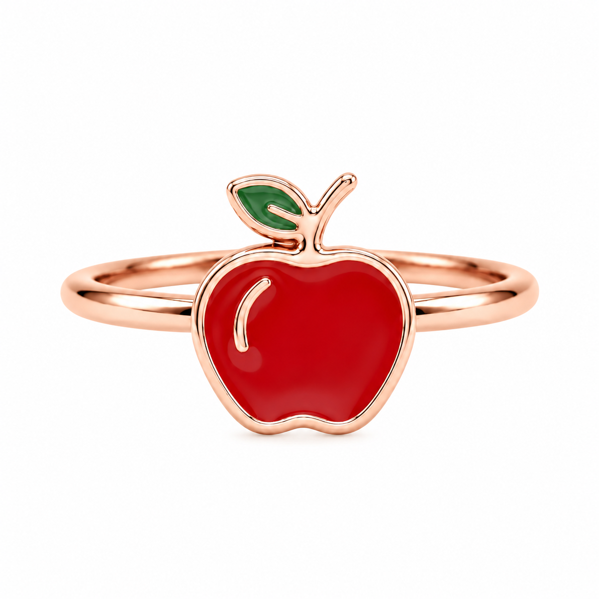 Rose gold ring with a glossy red enamel apple charm and a green leaf detail. Cute and minimal gifts for kids under Rs. 15,000