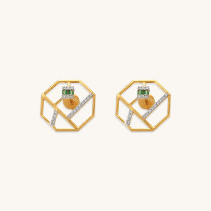 Caratly 18kt gold Octagon Diamond Earring with 0.15ct diamond pave and a central green gemstone accent in an open geometric octagon frame design under Rs. 50,000