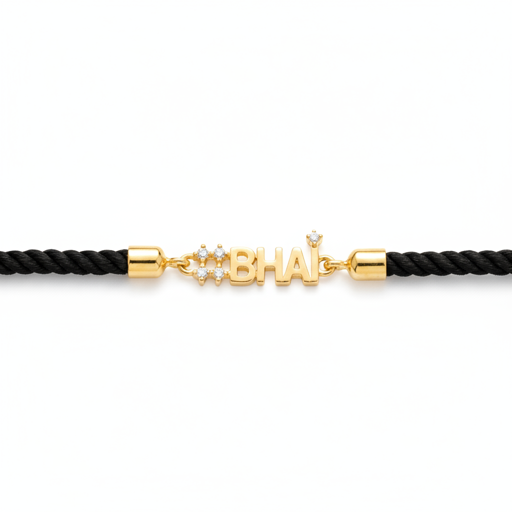 Black cord men's diamond bracelet featuring an 18kt gold '#BHAI' charm with sparkling diamond accents. A perfect minimal gift for brother under Rs. 20,000
