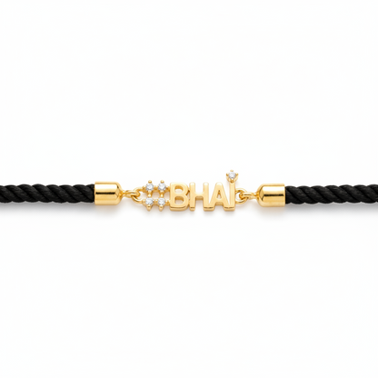 Black cord men's diamond bracelet featuring an 18kt gold '#BHAI' charm with sparkling diamond accents. A perfect minimal gift for brother under Rs. 20,000