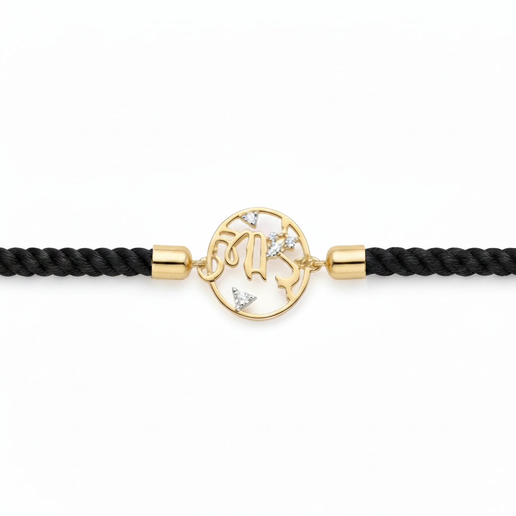 Black rope men's diamond bracelet with an 18kt gold circular 'Bhai' medallion and diamond accents. A minimal gift for him Under Rs. 20,000