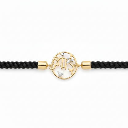 Black rope men's diamond bracelet with an 18kt gold circular 'Bhai' medallion and diamond accents. A minimal gift for him Under Rs. 20,000