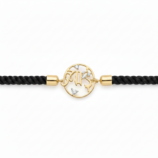 Black rope men's diamond bracelet with an 18kt gold circular 'Bhai' medallion and diamond accents. A minimal gift for him Under Rs. 20,000