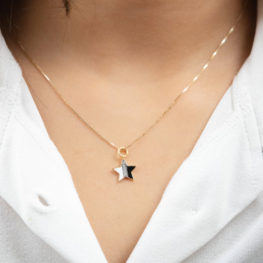 Caratly 18kt gold B&W Star Charm with black enamel and 0.03ct diamond center celestial design under 15,000