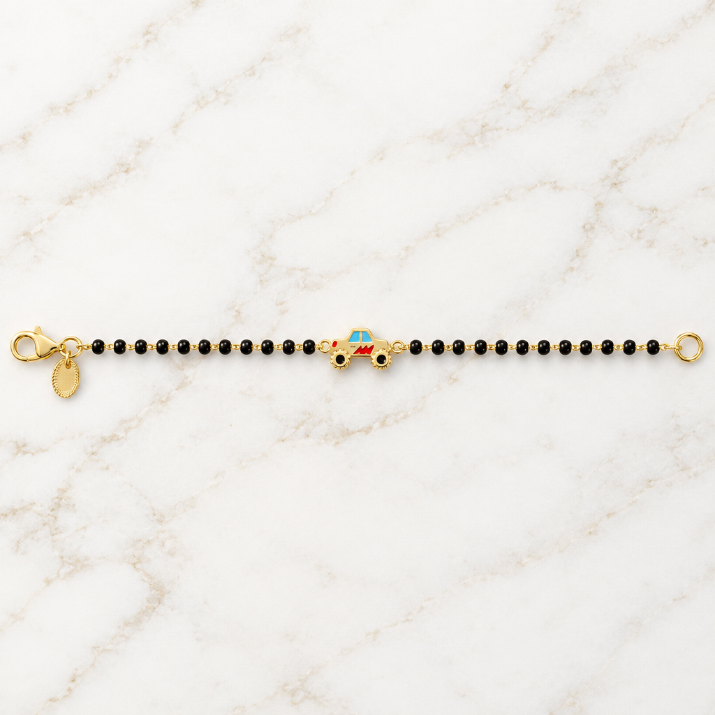 Black bead bracelet with a red and gold race car charm at the center priced under Ra. 30,000