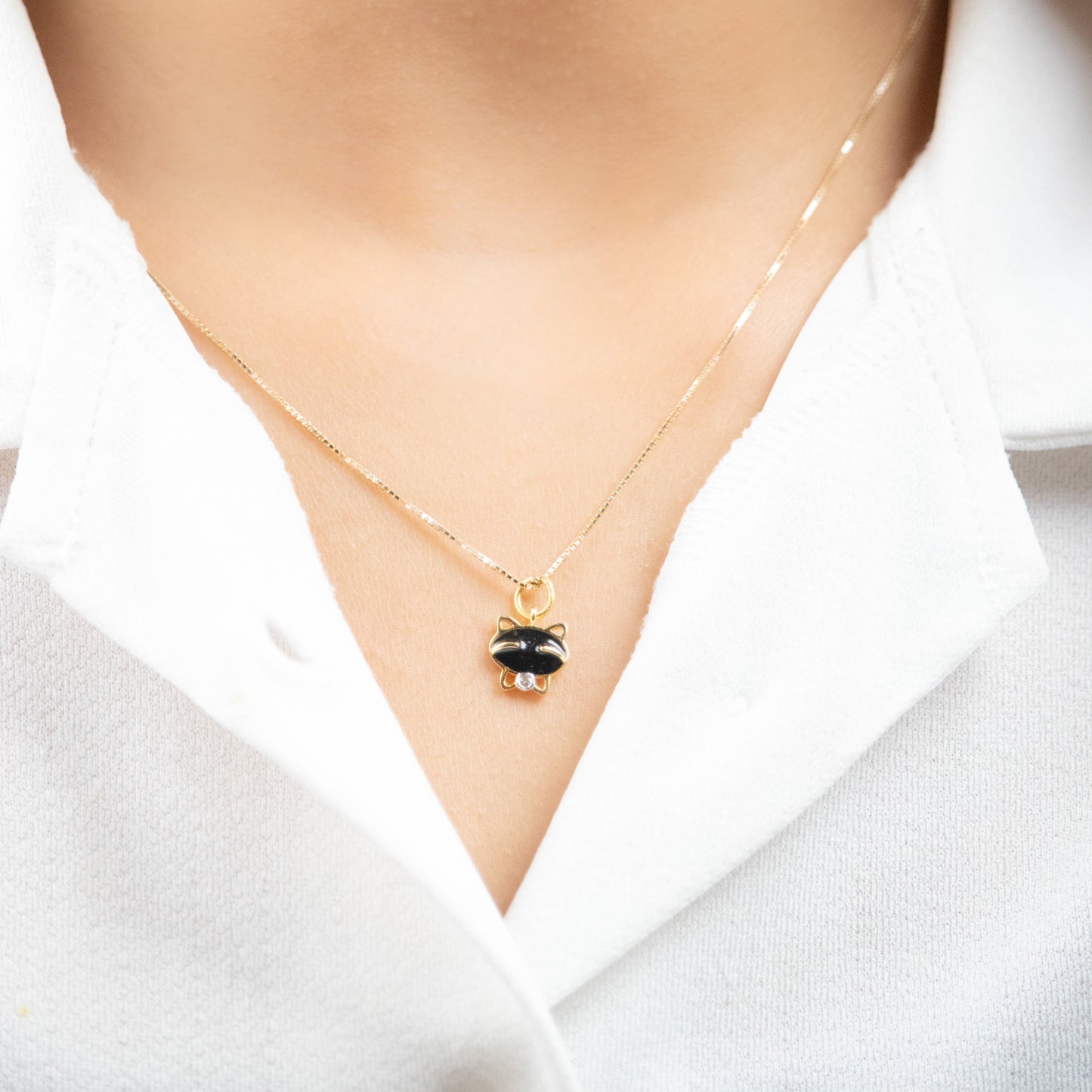 18kt gold Cat Diamond Charm with black enamel face and 0.02ct diamond accent, Minimal everyday wear gift for her under Rs. 15,000
