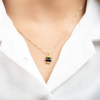 18kt gold Cat Diamond Charm with black enamel face and 0.02ct diamond accent, Minimal everyday wear gift for her under Rs. 15,000