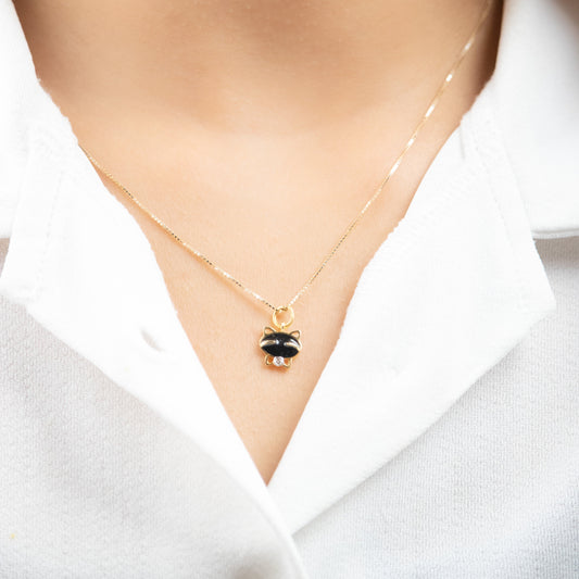 18kt gold Cat Diamond Charm with black enamel face and 0.02ct diamond accent, Minimal everyday wear gift for her under Rs. 15,000