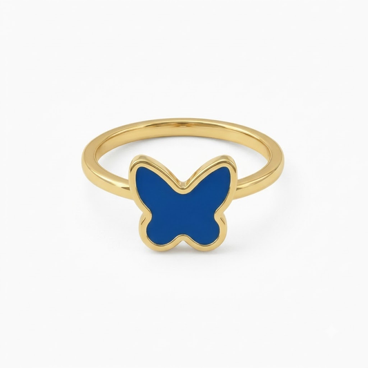 Gold ring with a solid blue enamel butterfly top. Minimal and cute gifts under Rs. 20,000