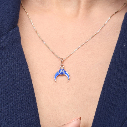 Caratly 18kt gold Evil Eye U Pendant with blue enamel crescent horn and central evil eye design under Rs.20,000