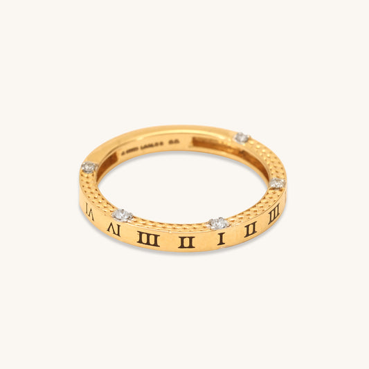 Caratly 18kt gold Band Diamond Ring featuring engraved Roman numerals and flush-set 0.09ct diamonds spaced evenly around the band under Rs. 40,000
