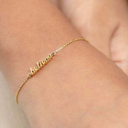 Caratly 18kt gold Believe Gold Bracelet with cursive text charm minimalist design for women (1.55g) under 30,000