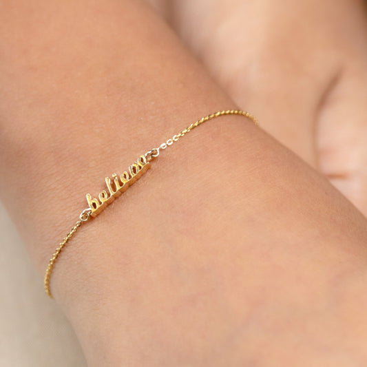 Caratly 18kt gold Believe Gold Bracelet with cursive text charm minimalist design for women (1.55g) under 30,000