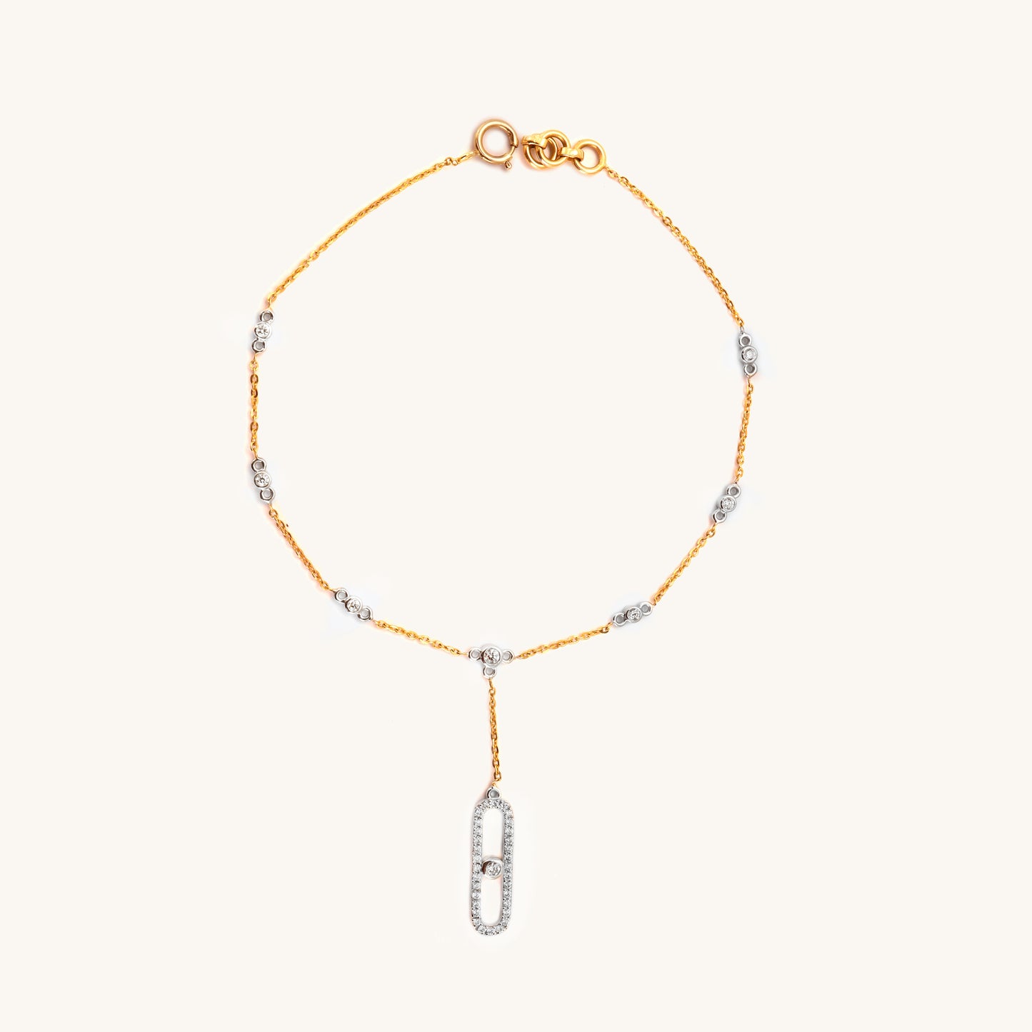 Caratly 18kt gold Belt Diamond Bracelet featuring a delicate chain with diamond stations and an elongated oval pave diamond dangling drop under Rs. 50,000