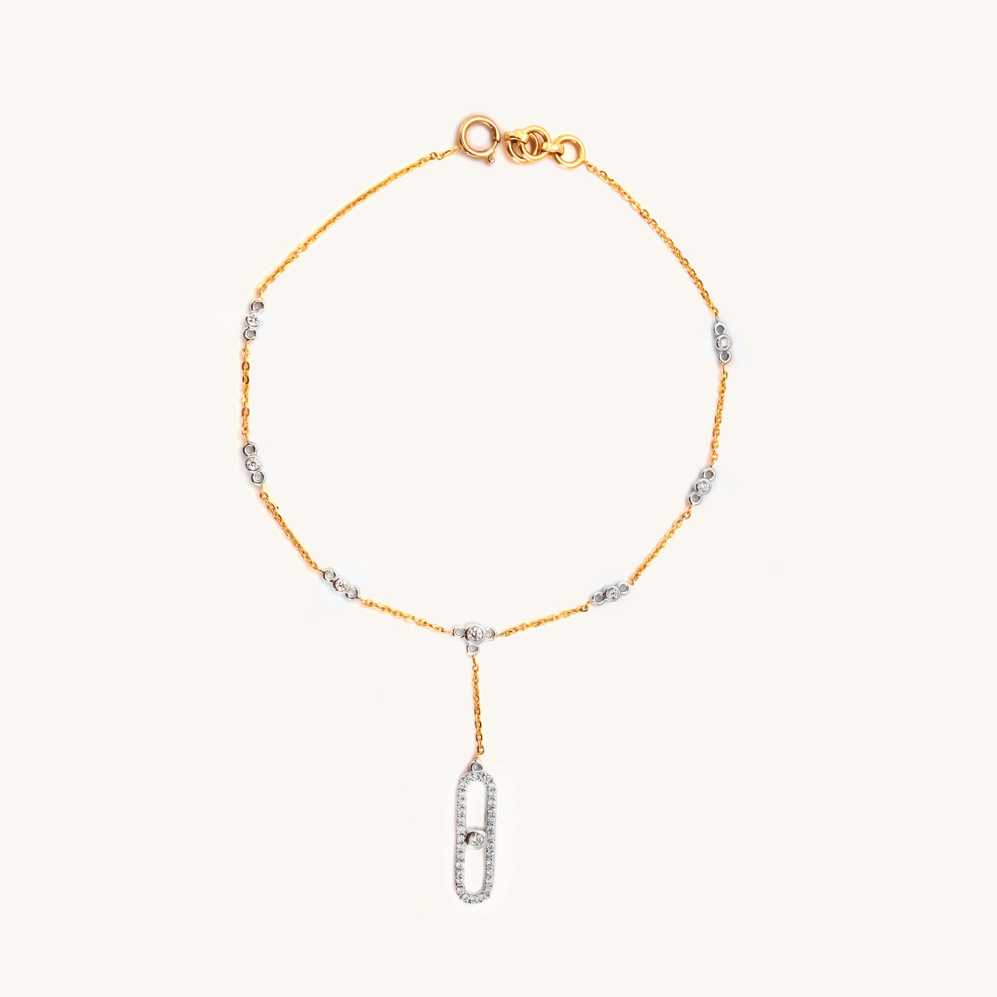 Caratly 18kt gold Belt Diamond Bracelet featuring a delicate chain with diamond stations and an elongated oval pave diamond dangling drop under Rs. 50,000