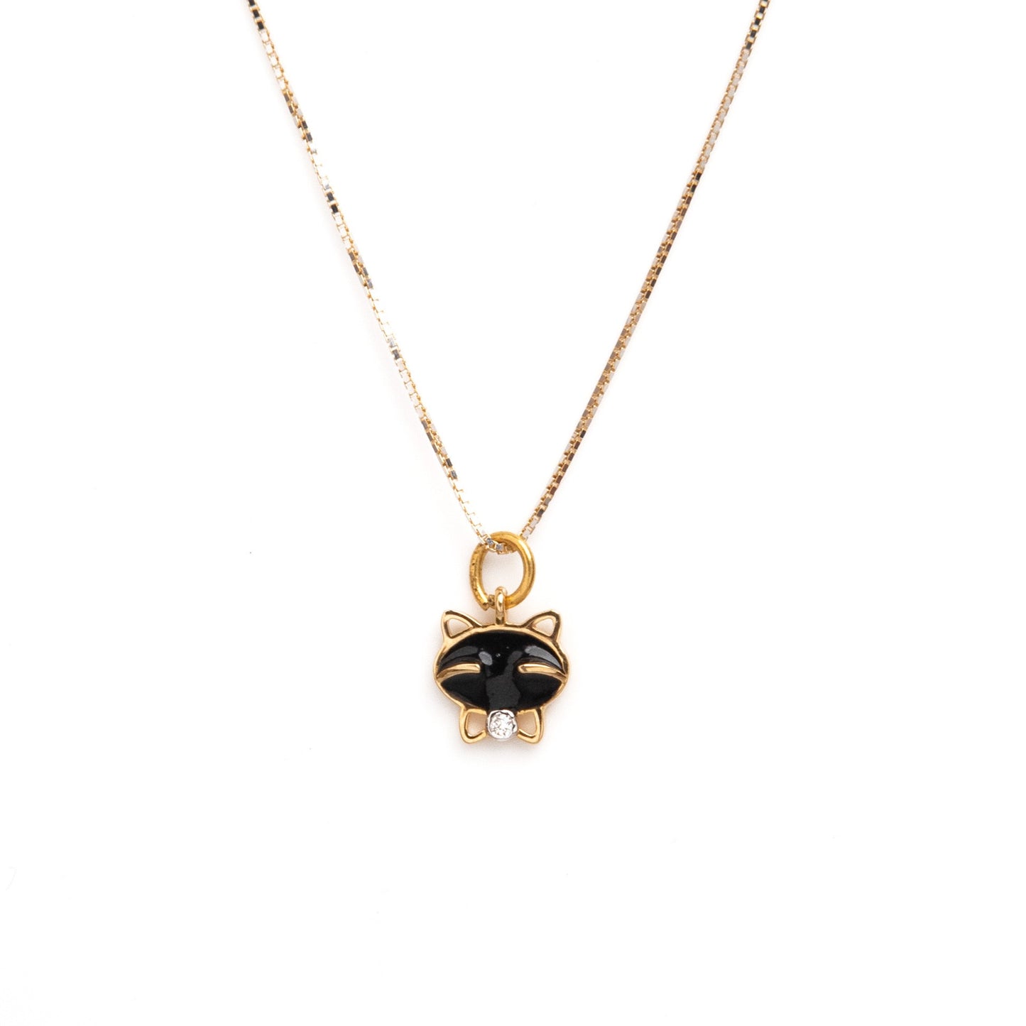 18kt gold Cat Diamond Charm with black enamel face and 0.02ct diamond accent, Minimal everyday wear gift for her under Rs. 15,000