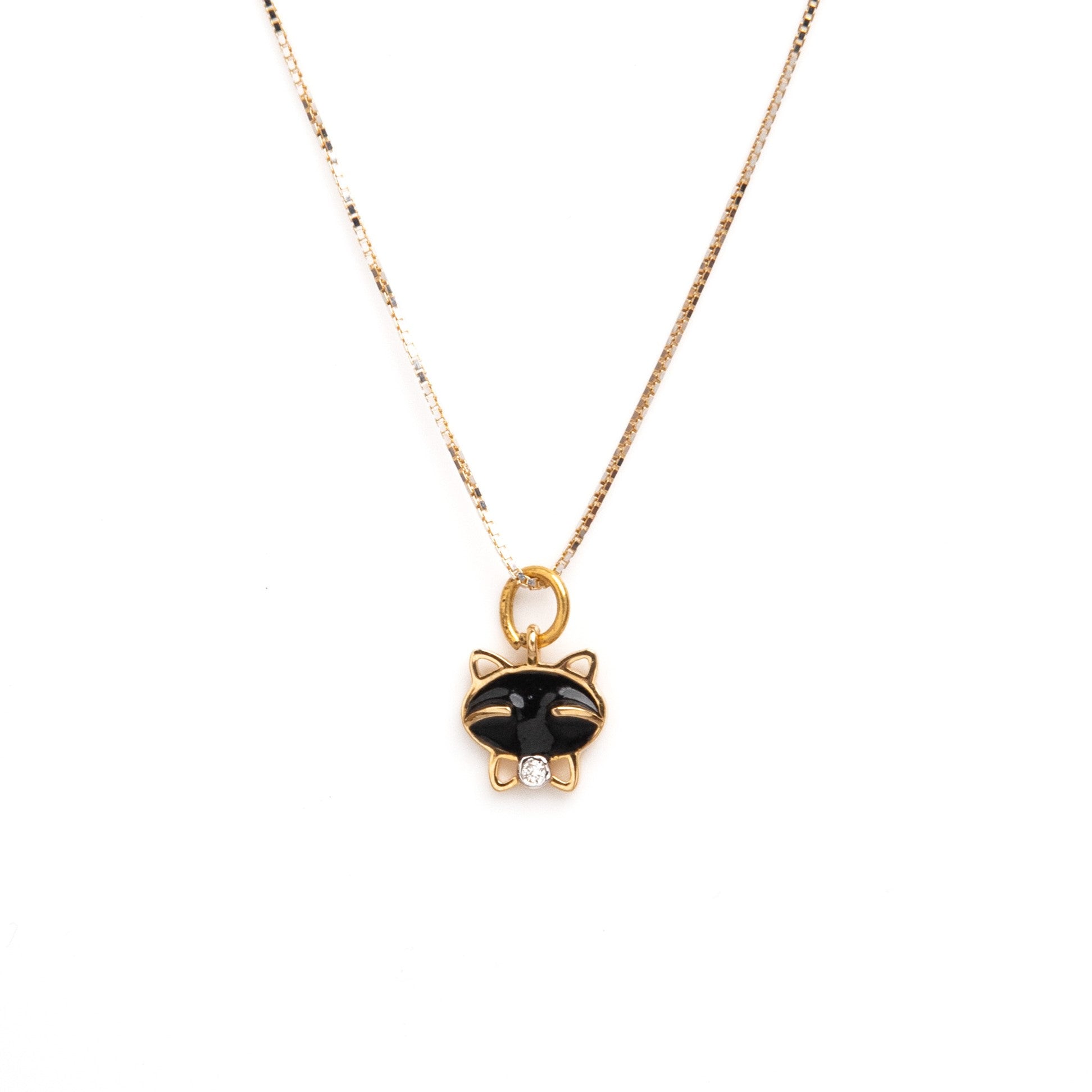 18kt gold Cat Diamond Charm with black enamel face and 0.02ct diamond accent, Minimal everyday wear gift for her under Rs. 15,000