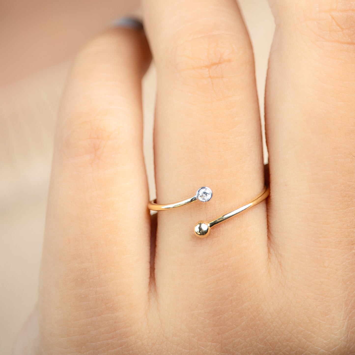 Caratly 18kt gold Crossover Diamond Ring with 0.03ct diamond and gold bead open bypass design under Rs. 15,000