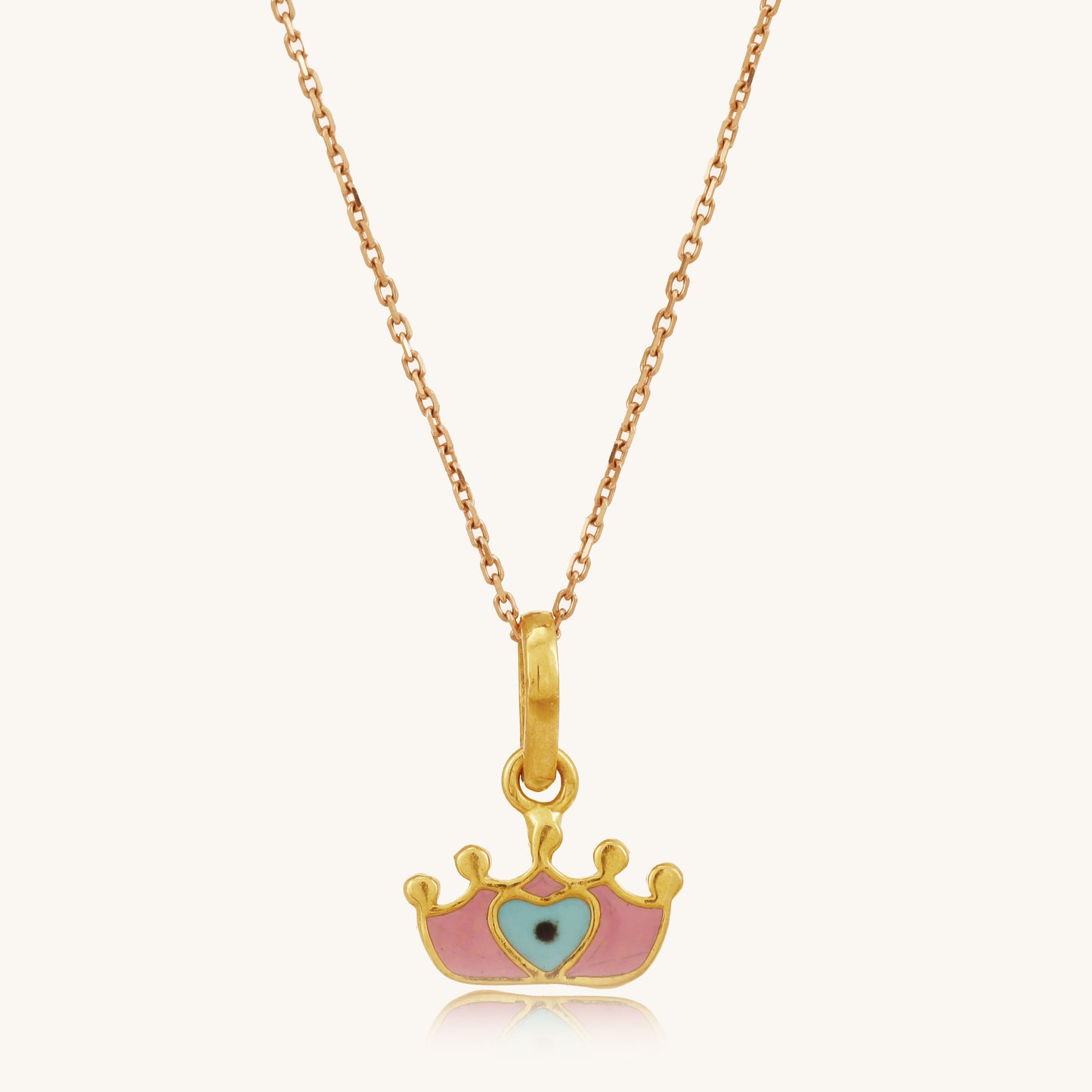Caratly 22kt gold Crown Gold Pendant featuring a pink enamel crown charm with a central evil eye motif on a delicate chain under Rs. 20,000