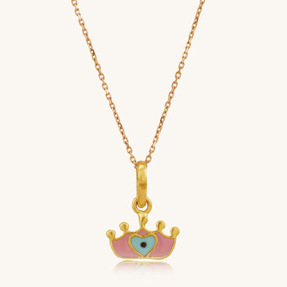 Caratly 22kt gold Crown Gold Pendant featuring a pink enamel crown charm with a central evil eye motif on a delicate chain under Rs. 20,000