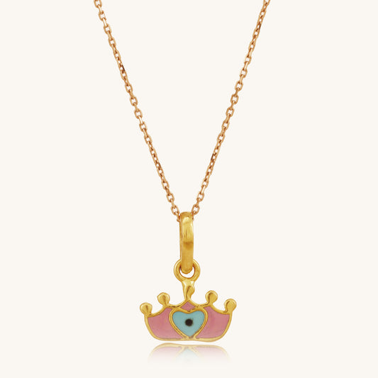 Caratly 22kt gold Crown Gold Pendant featuring a pink enamel crown charm with a central evil eye motif on a delicate chain under Rs. 20,000