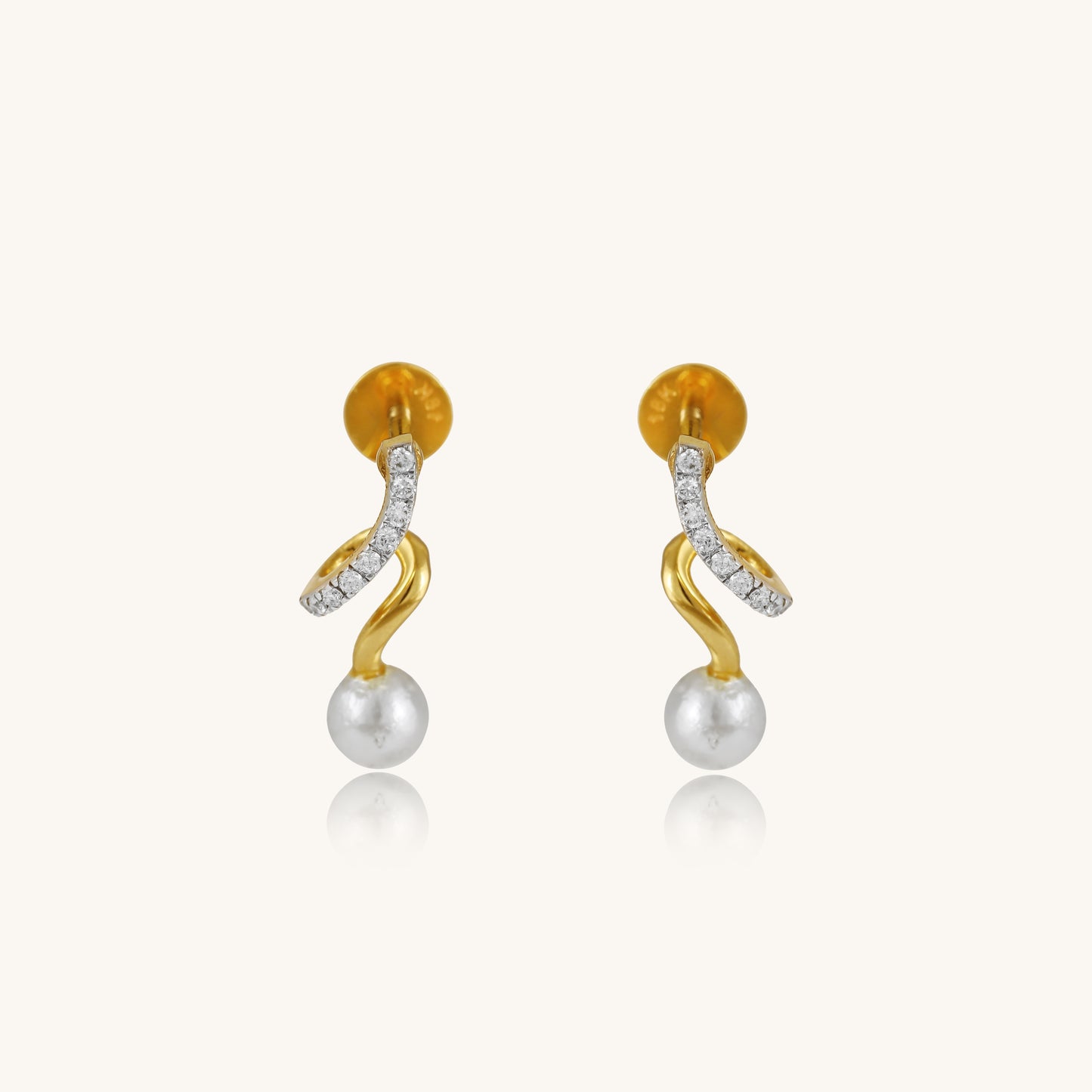 Caratly 18kt gold Curve Diamond Earring featuring a curved S-wave design set with diamonds ending in a single dangling pearl under Rs. 30,000
