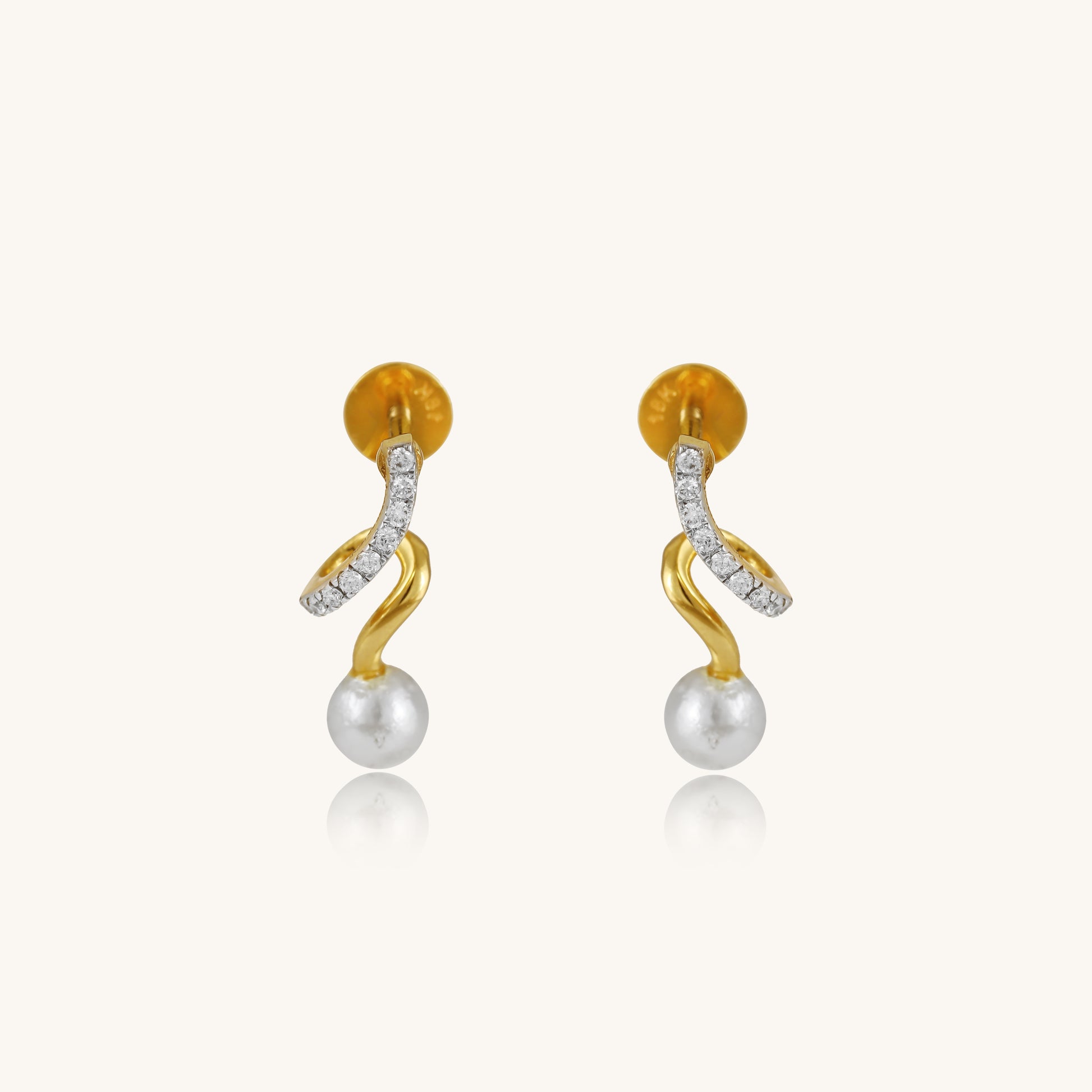 Caratly 18kt gold Curve Diamond Earring featuring a curved S-wave design set with diamonds ending in a single dangling pearl under Rs. 30,000