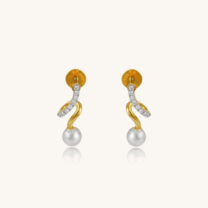 Caratly 18kt gold Curve Diamond Earring featuring a curved S-wave design set with diamonds ending in a single dangling pearl under Rs. 30,000