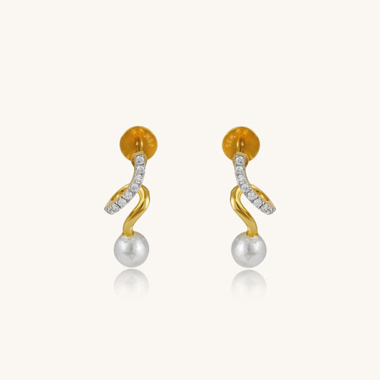 Caratly 18kt gold Curve Diamond Earring featuring a curved S-wave design set with diamonds ending in a single dangling pearl under Rs. 30,000