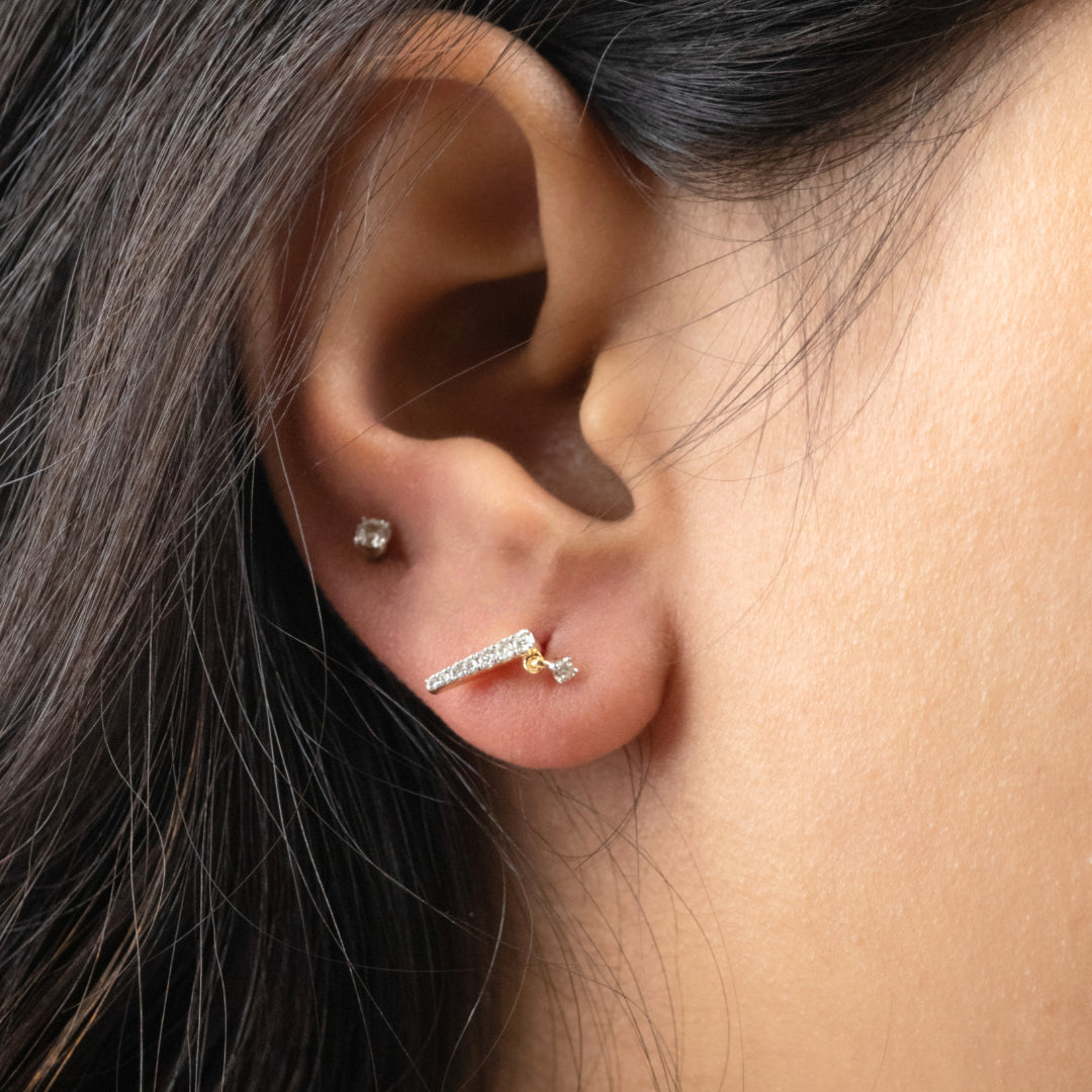 Caratly 18kt gold Dangling Diamond Earring with 0.13ct diamond linear bar drop design, minimalist gift for her under 40,000