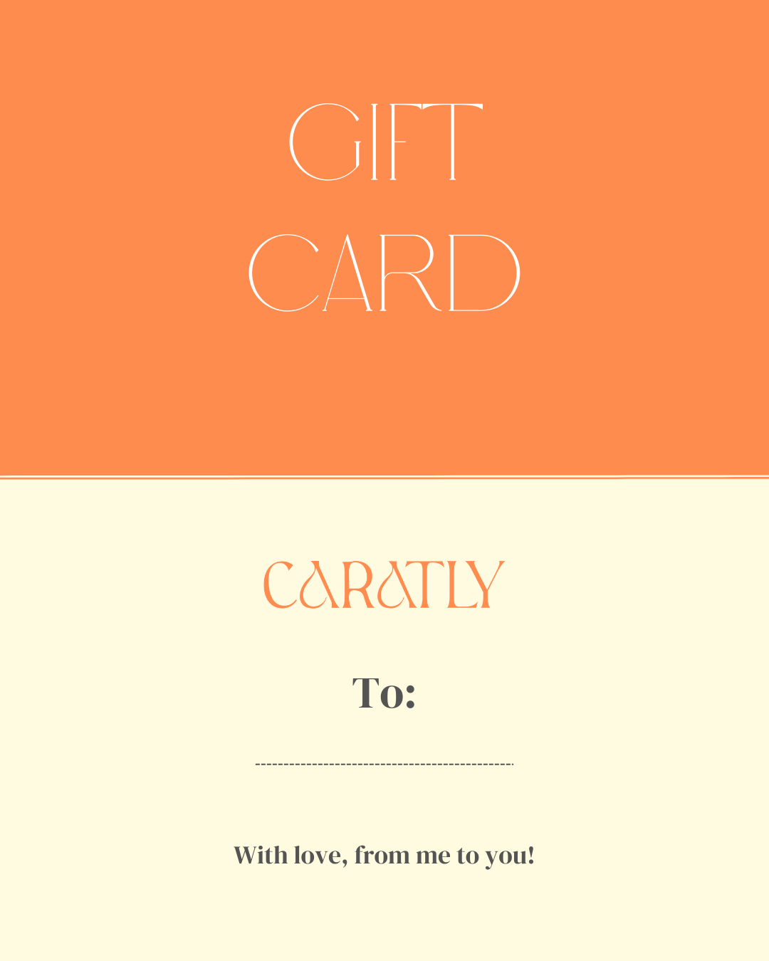 Caratly Gift Card design showing the brand logo in elegant orange typography on a soft cream background. Available denominations 2000, 5000, 10,000, 15,000 and 20,000