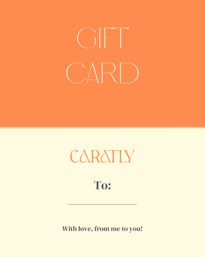 Caratly Gift Card design showing the brand logo in elegant orange typography on a soft cream background. Available denominations 2000, 5000, 10,000, 15,000 and 20,000