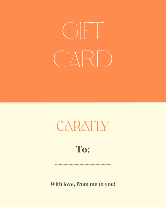 Caratly Gift Card design showing the brand logo in elegant orange typography on a soft cream background. Available denominations 2000, 5000, 10,000, 15,000 and 20,000