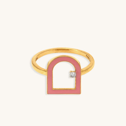 Caratly 18kt gold Door Diamond Ring featuring an open arched doorway motif with a pink enamel border and a single round diamond accent under Rs. 40,000