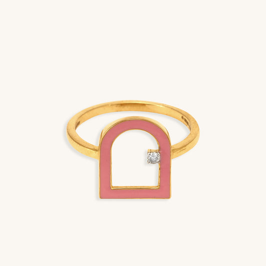 Caratly 18kt gold Door Diamond Ring featuring an open arched doorway motif with a pink enamel border and a single round diamond accent under Rs. 40,000
